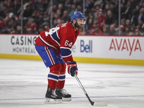 Canadiens defenceman Greg Pateryn lines up for a faceoff against the Florida Panthers during  game at the Bell Centre on Feb. 19, 2015.