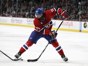 Canadiens defenceman P.K Subban passes the puck backwards through his legs during game against the Florida Panthers at the Bell Centre on Feb. 19, 2015.