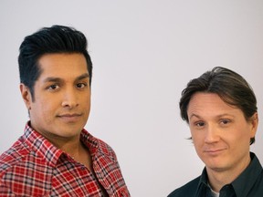 Actor and comedian Sugar Sammy, left, and costar Simon Olivier Fecteau, right, of the television show Ces gars-là pose for a photograph to promote season two of their TV show at the Centre Phi in Montreal on Monday, February 2, 2015. (Dario Ayala / Montreal Gazette)