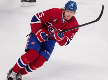 Montreal Canadiens left wing Jacob De La Rose plays against the Buffalo Sabres after being called up from Hamilton at the Bell Centre on Tuesday, Feb, 3, 2015.