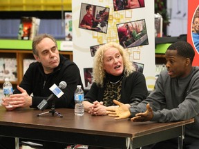 Moderator Maria Di Stavolo is flanked by actors Vittorio Rossi, left and Jaa Smith-Johnson, right at James Lyng High School. They were invited to speak at their Alma Mater.