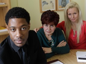 Doctor Gen Chaput (right) with cancer survivors Vivianne Korah and Tristan Williams in her office at the Montreal General Hospital.