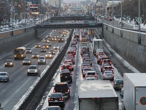A view of the Décarie Expressway and the service road, Décarie Blvd.