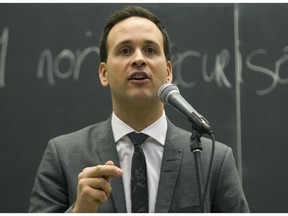 Parti Québécois leadership candidate  Alexandre Cloutier at a leadership debate at the Université de Montréal in Montreal, Jan. 28, 2015.