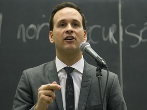Parti Québécois leadership candidate  Alexandre Cloutier speaks during a leadership debate at the Université de Montréal in Montreal, Wednesday January 28, 2015.