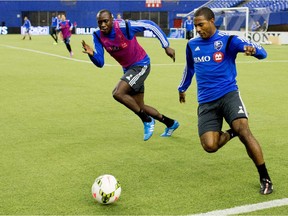 The Impact's Patrice Bernier runs while controlling the ball during practice at Montreal's Olympic Stadium on Jan. 30, 2015.