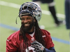 Alouettes defensive back Jerald Brown has a laugh during practice on Nov. 19, 2014 at the Bell Sports Complex in Brossard.