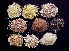 A selection of the most popular whole grains for sale in Montreal:  Top row, from left: millet, bulgur, farro. Middle row: Buckwheat, teff, quinoa Bottom row: kamut, barley, amaranth on Wednesday, January 26, 2011.