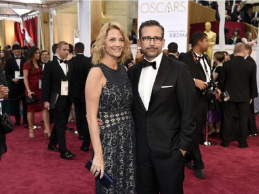Nancy Carell, left, and Steve Carell arrive at the Oscars on Sunday, Feb. 22, 2015, at the Dolby Theatre in Los Angeles.