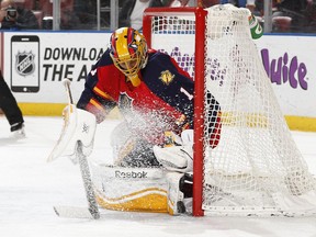 Florida Panthers goalie Roberto Luongo makes save during game against the Nashville Predators on Feb. 8, 2015 in Sunrise, Fla.
