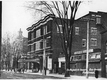 Then: A print from about 1910 of His Majesty's Theatre, which was located on Guy St., just north of Ste-Catherine. 
Guy St., just north of Ste-Catherine St.