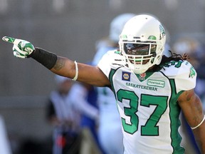 Rod Williams of the Saskatchewan Roughriders celebrates after scoring touchdown during CFL game against the Blue Bombers in Winnipeg on Sept. 7, 2014.