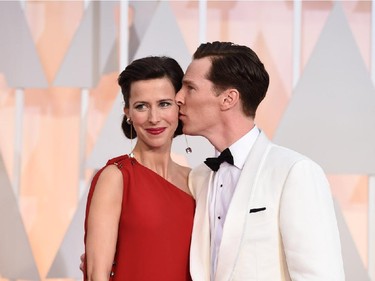 Sophie Hunter, left, and Benedict Cumberbatch arrive at the Oscars on Sunday, Feb. 22, 2015, at the Dolby Theatre in Los Angeles.