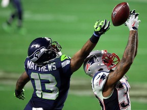 Brandon Browner #39 of the New England Patriots breaks up a pass intended for  Chris Matthews #13 of the Seattle Seahawks in the fourth quarter during Super Bowl XLIX at University of Phoenix Stadium on February 1, 2015 in Glendale, Arizona.