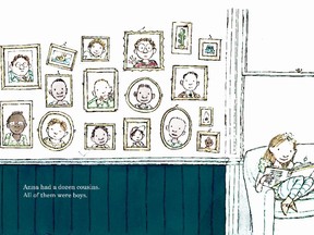 The opening spread for A Dozen Cousins, by Lori Haskins Houran, illustrated by Sam Usher, a picture book about a feisty young girl, Anna, who more than holds her own in the company of 12 male cousins.
