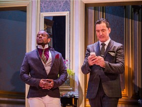 The fact that Frédéric Pierre, an accomplished actor who happens to be black, has been cast as Clitandre, is innovative within the context of Quebec francophone theatre. He's seen here with François Papineau as Alceste.