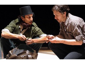 Last weekend, I took in Robert Lepage’s Jeux de cartes: Coeur, for a second time, at Tohu, to scrutinize its progression. From left:  Reda Guerinik and Louis Fortier.