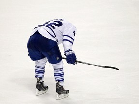 Toronto's Tyler Bozak skates to the bench after the Maple Leafs lost to the Nashville Predators 4-3 on Feb. 3, 2015, in Nashville, Tenn.