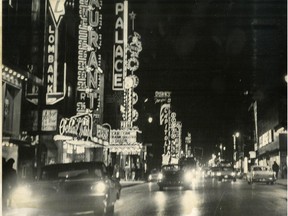 Undated photo of theatres lining downtown Ste-Catherine St. in Montreal.