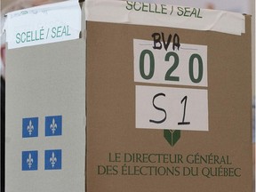 An Elections Quebec ballot box is shown at an advance polling station in the town of Hudson, Que., Monday, March 31, 2014.