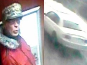 Image of a man who is believed to be involved in a scam targeting the elderly. Also pictured:  his white four-door car.