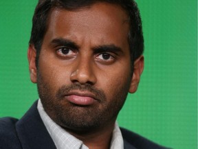 PASADENA, CA - JANUARY 16:  Actor/comedian Aziz Ansari speaks onstage during the 'Parks and Recreation' panel discussion at the NBC/Universal portion of the 2015 Winter TCA Tour at the Langham Hotel on January 16, 2015 in Pasadena, California.