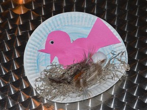 A birds nest made with a paper plate and odds and ends.