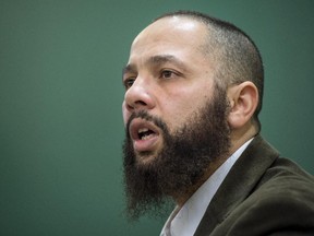 Adil Charkaoui makes a point during a news conference Friday, February 27, 2015 in Montreal.