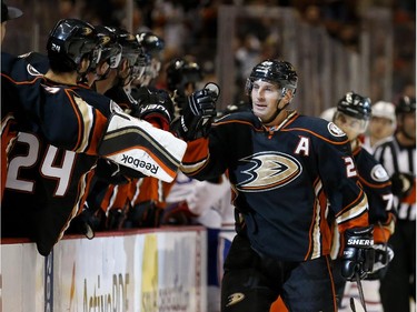 Anaheim Ducks defenceman Francois Beauchemin celebrates his goal during the first period of an NHL hockey game against the Montreal Canadiens in Anaheim, Calif., Wednesday, March 4, 2015.