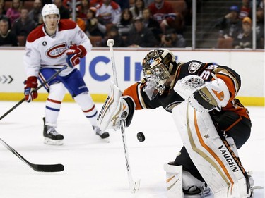 Anaheim Ducks goalie John Gibson, right, blocks a shot as Montreal Canadiens right wing Dale Weise looks on during the first period of an NHL hockey game in Anaheim, Calif., Wednesday, March 4, 2015.