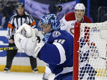 Tampa Bay Lightning goalie Ben Bishop makes a save during the first period against the Montreal Canadiens Monday, March 16, 2015, in Tampa, Fla.