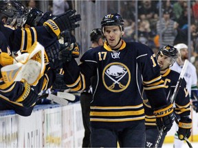 Greenfield Park native Torrey Mitchell celebrates after scoring goal for the Sabres against the Vancouver Canucks during game in Buffalo on Feb. 26, 2015.