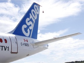 This September 16, 2013 file photo shows the tail of the Bombardier CSeries aircraft  in Mirabel, Quebec.
