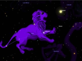 This sky chart shows the constellation Leo climbing the eastern early evening sky on March 30 with the moon and Jupiter along for the ride.
