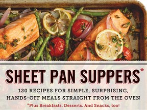 Cover, in part, of Sheet Pan Suppers (Workman Publishing), by Molly Gilbert. Cover photo features roasted Arctic char and asparagus with pistachio gremolata by Jim Franco.
