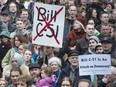 Demonstrators attend a protest on a national day of action against Bill C-51, the government's proposed anti-terrorism legislation, outside the Vancouver Art Gallery in downtown Vancouver, Saturday, March 14, 2015.