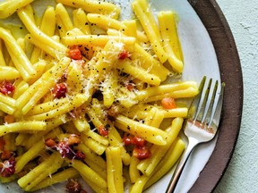 Eggs make pasta a sustaining meal, flavoured with cheese and pancetta.