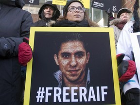 Ensaf Haidar, wife of Saudi blogger Raif Badawi, takes part in a rally for his freedom in Montreal on January 13, 2015.