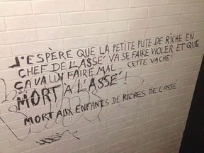 The Women's Committee of the Association pour une Solidarité Syndicale Étudiante (ASSÉ) posted this photo of the graffiti on Facebook. They said it was found in a men's bathroom in the Faculty of Environmental Design pavilion.