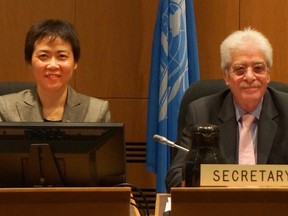 New ICAO secretary general Fang Liu with her predecessor Raymond Benjamin of France.