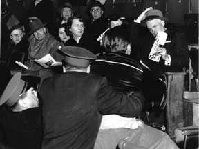 Clarence Campbell was mobbed by hockey fans on March 17, 1955 at the Forum, angry at the suspension of Canadiens star Maurice Richard.  The result was the Richard Riot.