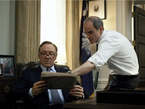 Kevin Spacey, left, and Michael Kelly in a scene from House of Cards. The third season of the political drama is available on Netflix.