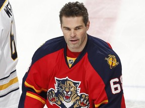 Florida Panthers forward Jaromir Jagr (68) warms up before an NHL hockey game against the Buffalo Sabres, Saturday, Feb. 28, 2015, in Sunrise, Fla.