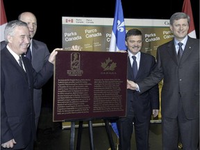 Bob Nicholson, former president of Hockey Canada, former Senator Michael Fortier,  René Fasel, president of  International Ice Hockey Federation, and Prime Minister Stephen Harper during May 22, 2008 Bell Centre ceremony unveiling the Victoria rink plaque.  (photo courtesy of International Ice Hockey Federation via Parks Canada)