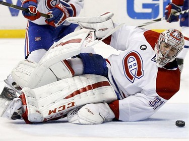 Montreal Canadiens goalie Carey Price reacts after Anaheim Ducks center Rickard Rakell's goal during the second period of an NHL hockey game in Anaheim, Calif., Wednesday, March 4, 2015.
