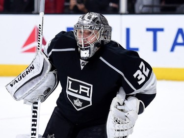 Jonathan Quick (32) of the Los Angeles Kings reacts to 1 of 2 shots on goal during the first period against the Montreal Canadiens at Staples Center on March 5, 2015 in Los Angeles, California.