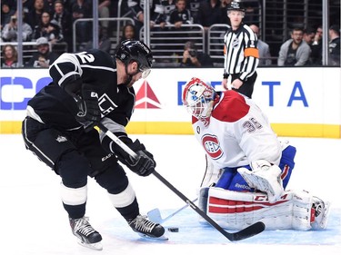 Dustin Tokarski (35) of the Montreal Canadiens stops Marian Gaborik (12) of the Los Angeles Kings on a breakaway during the second period at Staples Center on March 5, 2015 in Los Angeles, California.