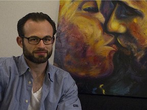 Louka Kurcer is photographed in front of one of his paintings. Kurcer was invited to speak to a group of at-risk teens on April 28, 2014 in Montreal. Kurcer went to jail for seven years for drug smuggling, and it was during his time there that he learned how to paint. Today, he is painting everything from portraits to landscapes and is selling his paintings online and through expositions.