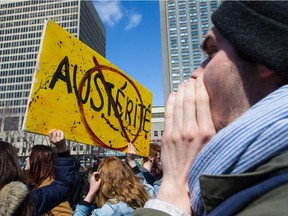 Students gather for a march against austerity during a one-day strike organized by student group ASSÉ in Montreal on Thursday, April 3, 2014.