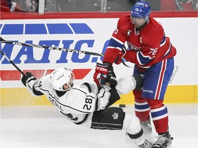 Canadiens defenceman P.K Subban levels Los Angeles Kings forward Jarret Stoll during game at the Bell Centre on Dec. 12, 2014. The Canadiens won 6-2.